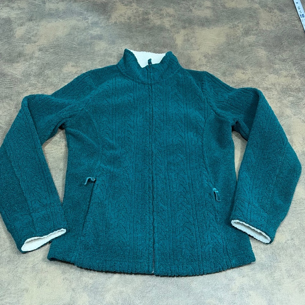 L.L.Bean Fleece Jacket Womens XS Teal Green Cable Knit Sherpa Collar 500652